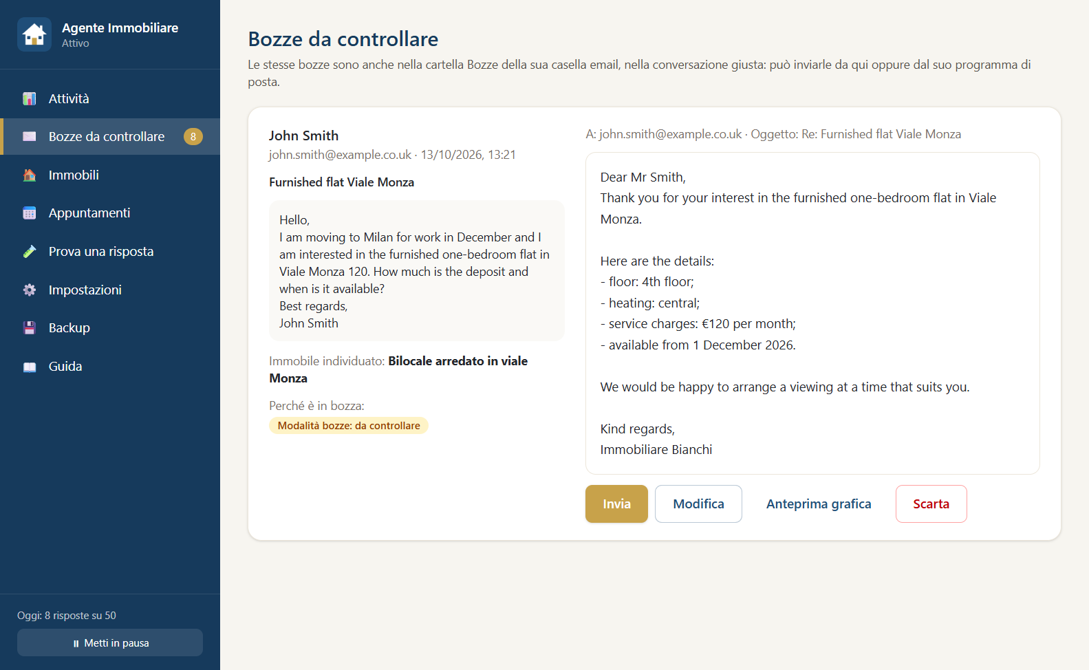 Il cliente scrive in inglese, l’agente risponde in inglese